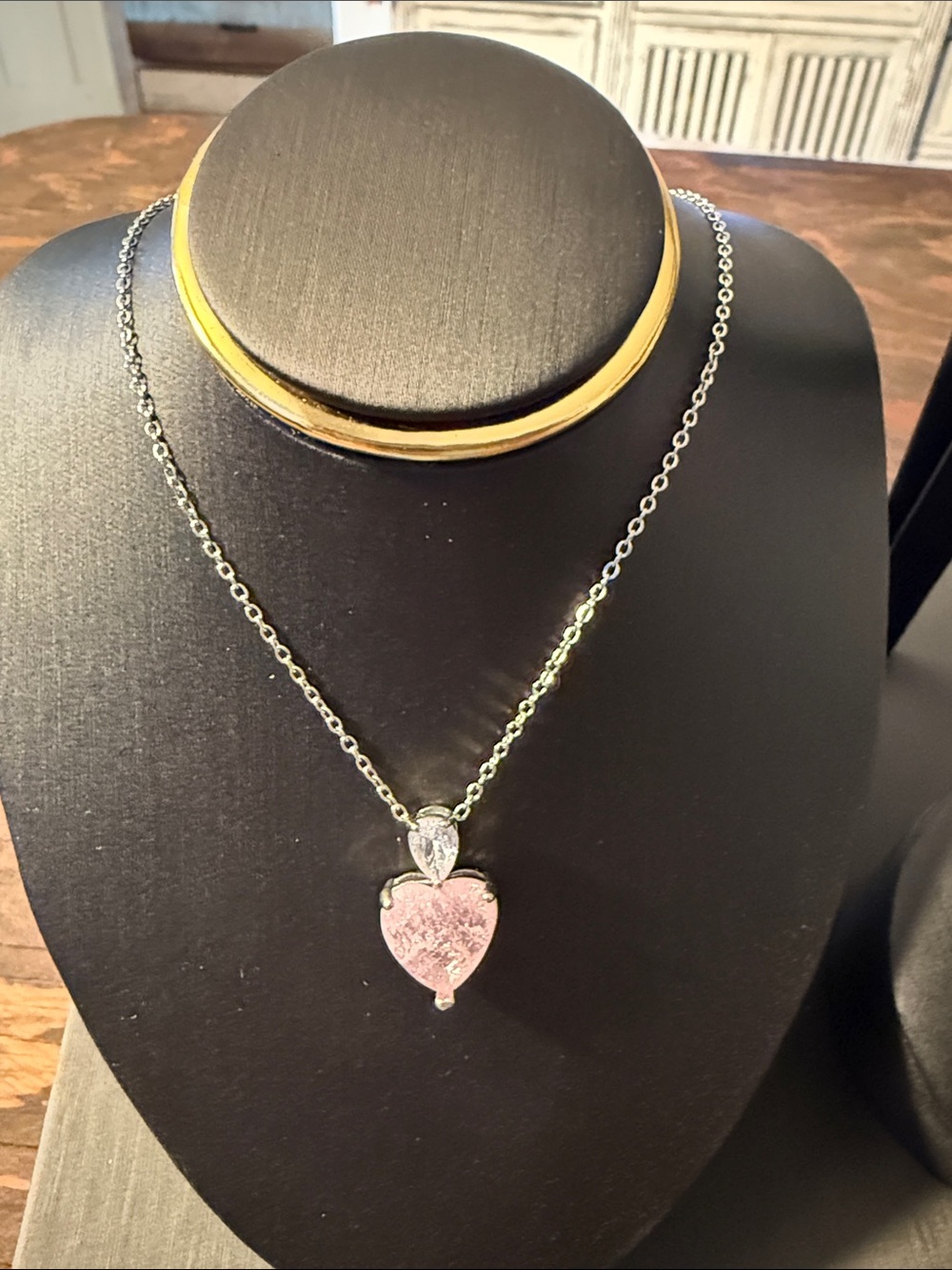 Silver Stainless Steel Pink Heart Pendant Necklace - Women Jewelry